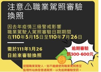 職業駕駛人請注意！審驗應於疫情三級解除後 6個月內辦理