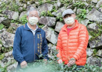 新北市坪林漁光里長白明堂 (左一) 與其子白錦祥 (右一)，秉持環境永續使命，帶頭轉型植茶 。