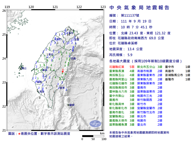 又地震！10:07花蓮規模5.9地震全台有感　最大震度5弱