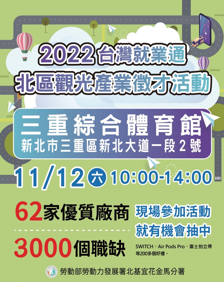北區觀光產業大型徵才活動11/12在三重綜合體育館登場! 62家優質廠商、3,000多個職缺 求職還能抽大獎!