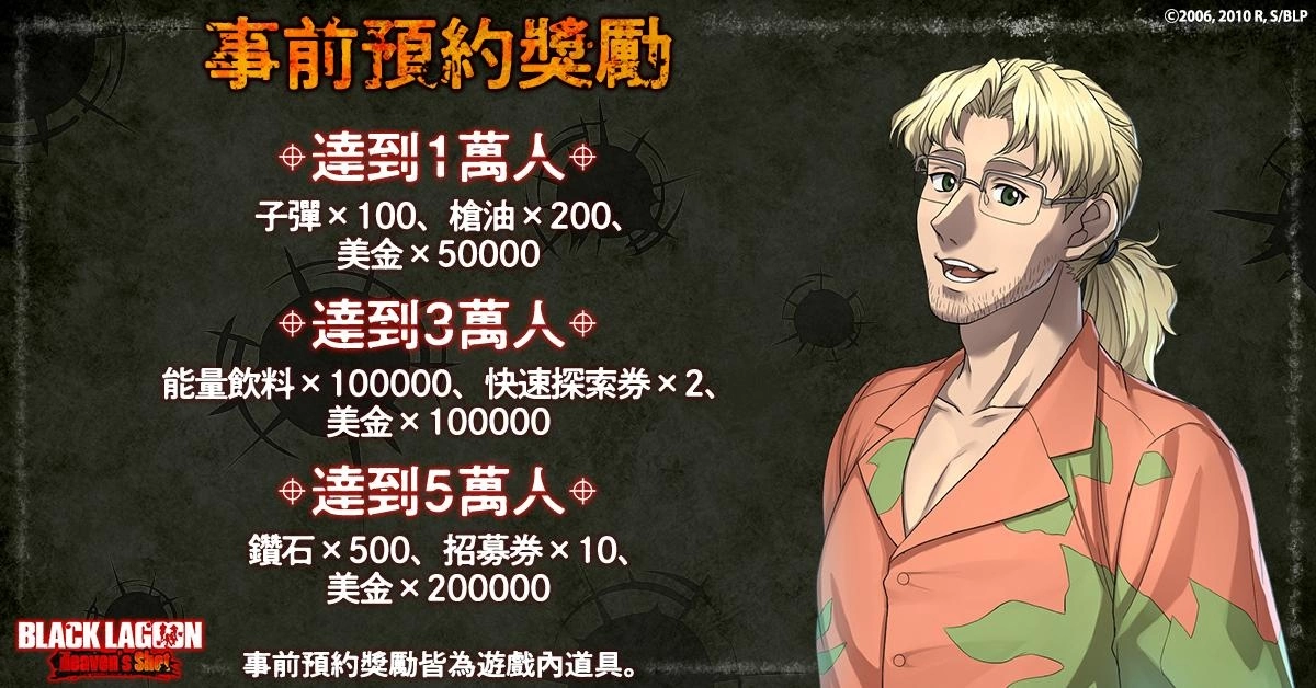 <div>電視動畫《企業傭兵》首次遊戲化《BLACK LAGOON Heaven's Shot》開放事前預約！</div>