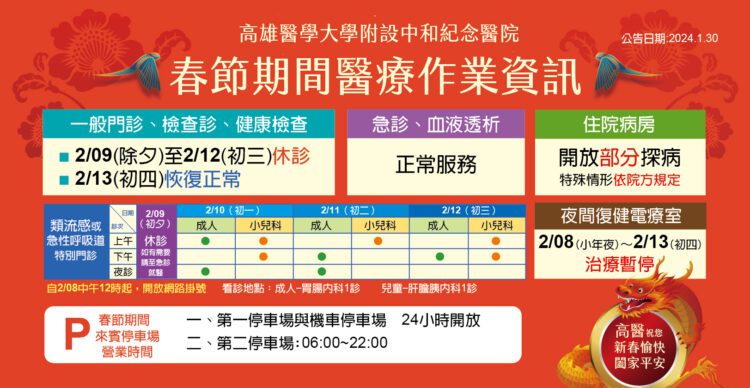 高醫門診除夕至初三休診 其他醫療服務不打烊 高醫門診除夕至初三休診-其他醫療服務不打烊
