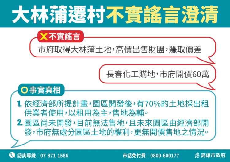 高市府取得大林蒲土地高價出售財團 高市嚴正澄清:不實謠言!切勿聽信及流傳 高市府取得大林蒲土地高價出售財團-高市嚴正澄清:不實謠言!切勿聽信及流傳