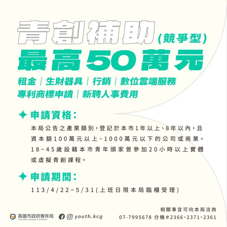 113年高市青年創業補助！-新增「競爭型」補助最高50萬