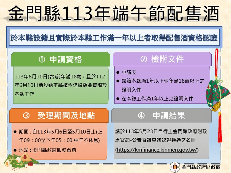 金門縣財政處發布113年端午節配售酒認證規定 籲鄉親申辦以歡渡佳節