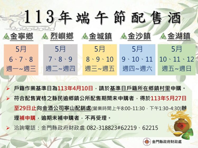 金門縣財政處發布113年端午節配售酒認證規定 籲鄉親申辦以歡渡佳節 金門縣財政處發布113年端午節配售酒認證規定  籲鄉親申辦以歡渡佳節