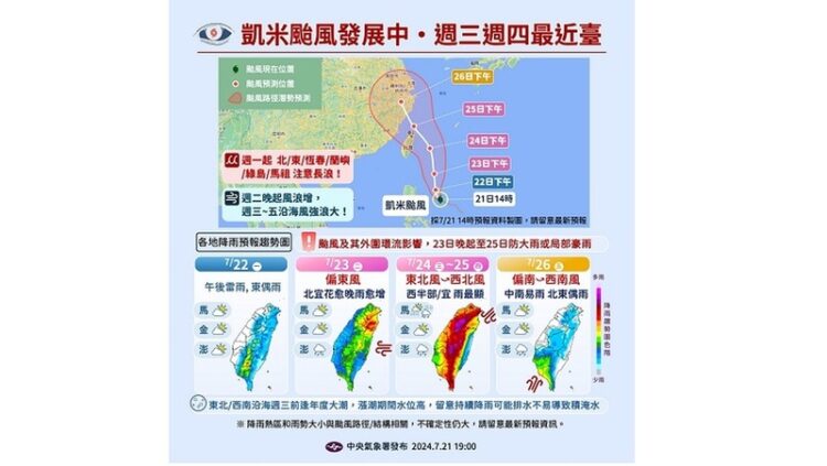 凱米增強 明晚起全台防豪雨/估週三、週四暴風圈籠罩北部、東北部 發布陸警機率高 凱米增強-明晚起全台防豪雨/估週三、週四暴風圈籠罩北部、東北部-發布陸警機率高