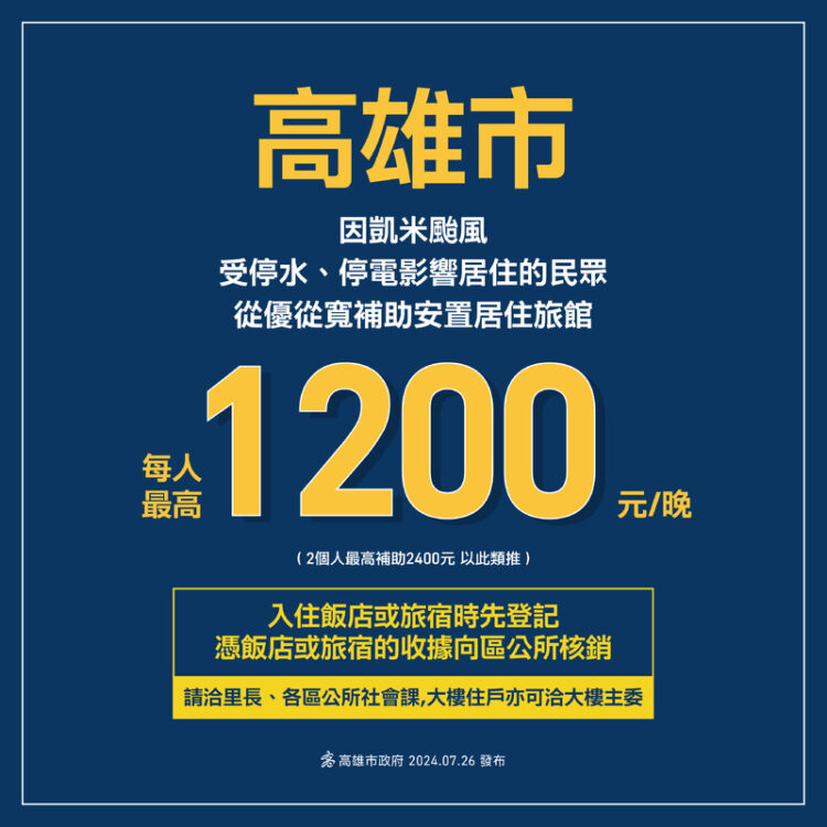 強颱凱米導致高雄災情-針對因積淹水受停水停電影響的民眾-高市府將補助受災戶安置居住旅館