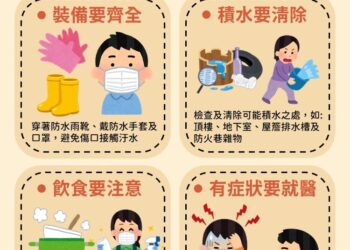 風災過後慎防4種傳染病「鉤端螺旋體病」、「類鼻疽」、「登革熱」及「腸道傳染病」衛生局呼籲落實防疫4要