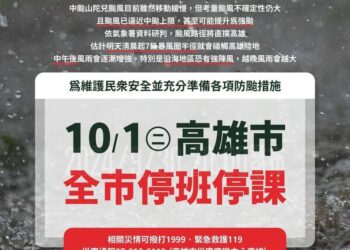 高雄市政府因應山陀兒颱風宣布10月1日全市停班停課及相關應變措施