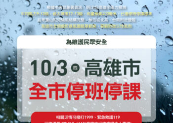 高雄市停班停課、公車、輕軌、渡輪、youbike暫停營運，捷運班距調整