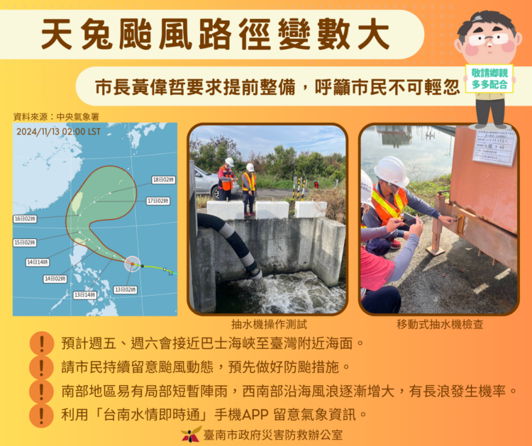 颱風天兔生成 南市府超前部署做好防颱整備防範災情 颱風天兔生成-南市府超前部署做好防颱整備防範災情