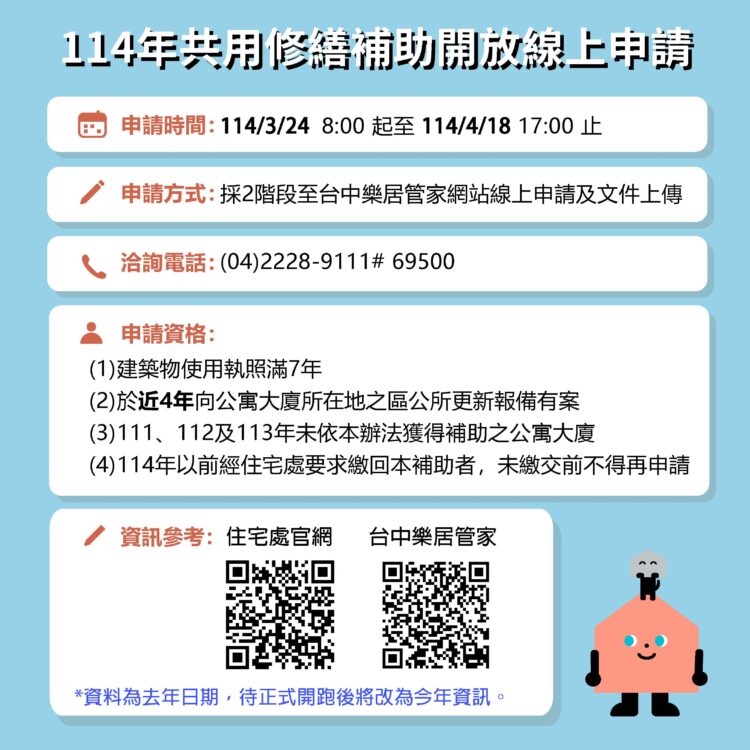 臺中市114年公寓大廈修繕補助3月24日開跑-最高22萬元-線上申請更便捷