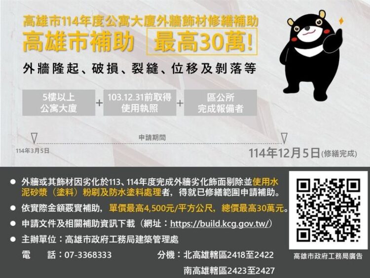 5層以上公寓大廈外牆飾材修繕補助最高30萬 12/5前截止受理 5層以上公寓大廈外牆飾材修繕補助最高30萬-12/5前截止受理