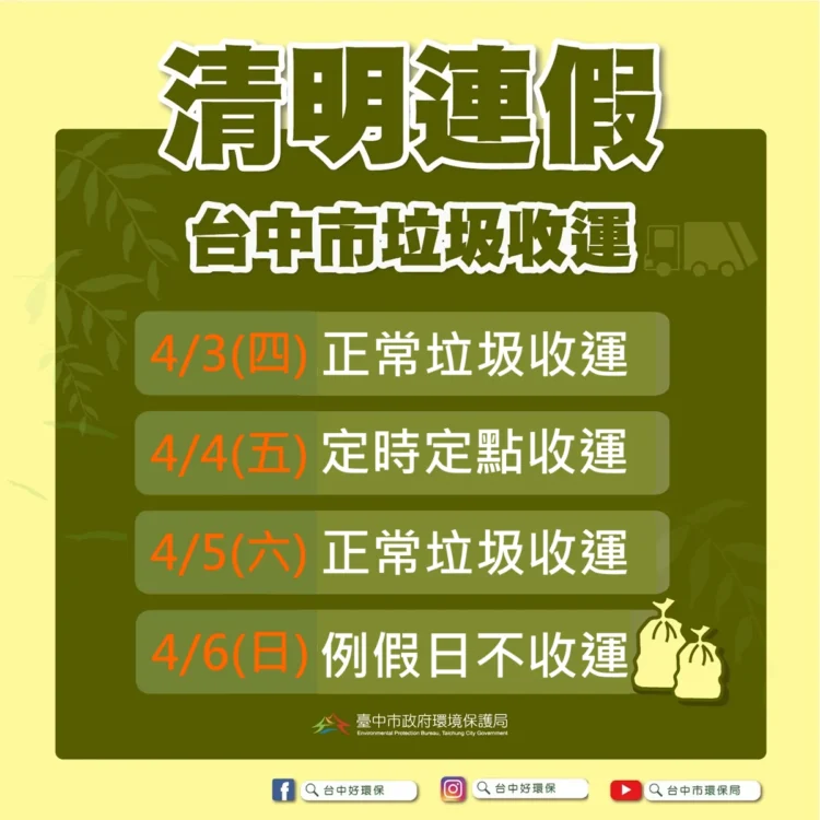 清明連假倒垃圾看這裡 中市4/3正常收運、清明節定時定點收運 清明連假倒垃圾看這裡-中市4/3正常收運、清明節定時定點收運