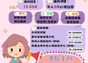 15-45歲青壯世代心理健康支持方案，每年享3次心理諮商補助