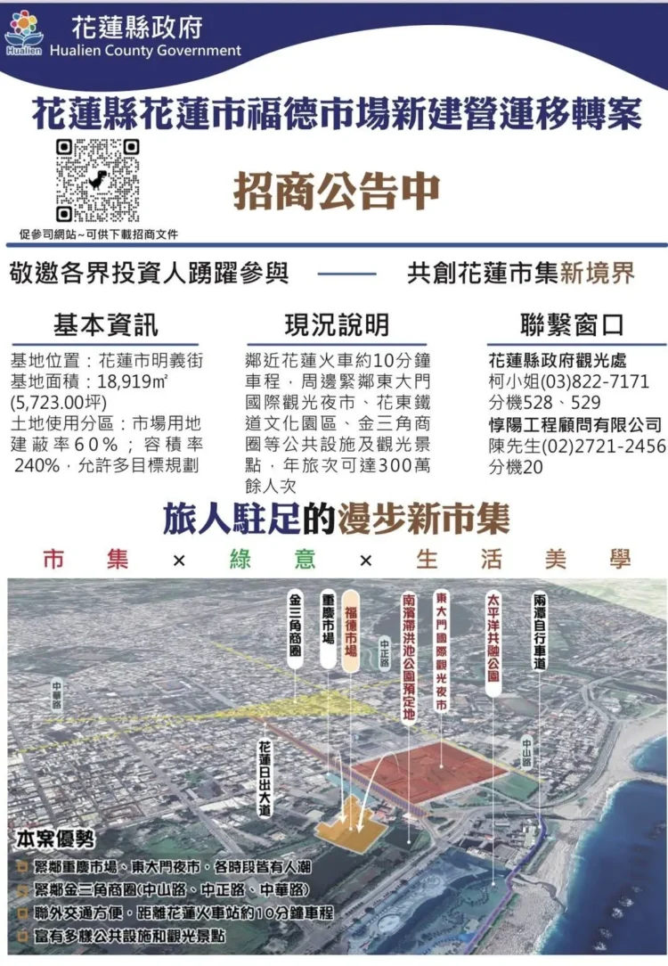 花蓮縣花蓮市福德市場BOT案已經公告招商 7月3日將在縣府舉辦招商說明會