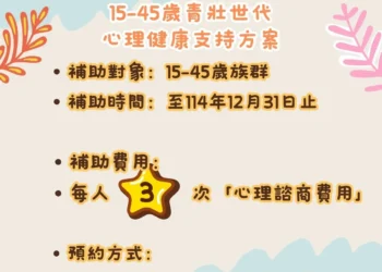 青壯世代心理健康支持方案提供3次免費諮詢