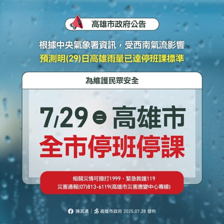南部豪雨警戒！7/29台南、高雄、屏東、嘉義停班停課資訊總整理