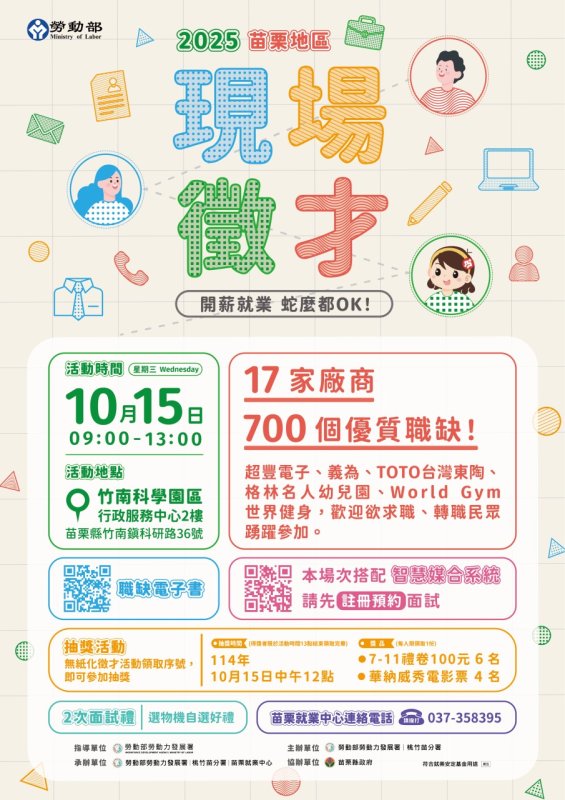 苗栗地區10/15徵才 釋出700職缺 面試還能抽好禮