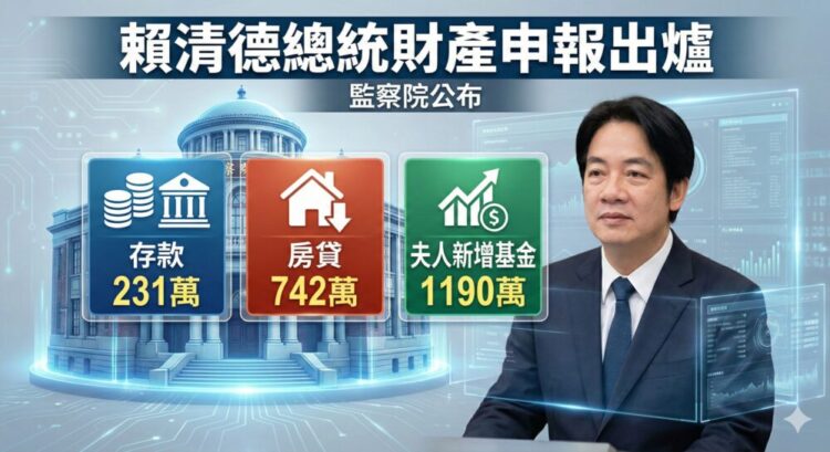 賴清德總統財產申報出爐 存款231萬、仍有房貸742萬 夫人新增1190萬基金