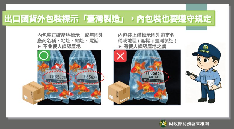 高雄關提醒：報運國貨出口內外包裝皆應依規定標示產地，以免影響通關時效及違規受罰