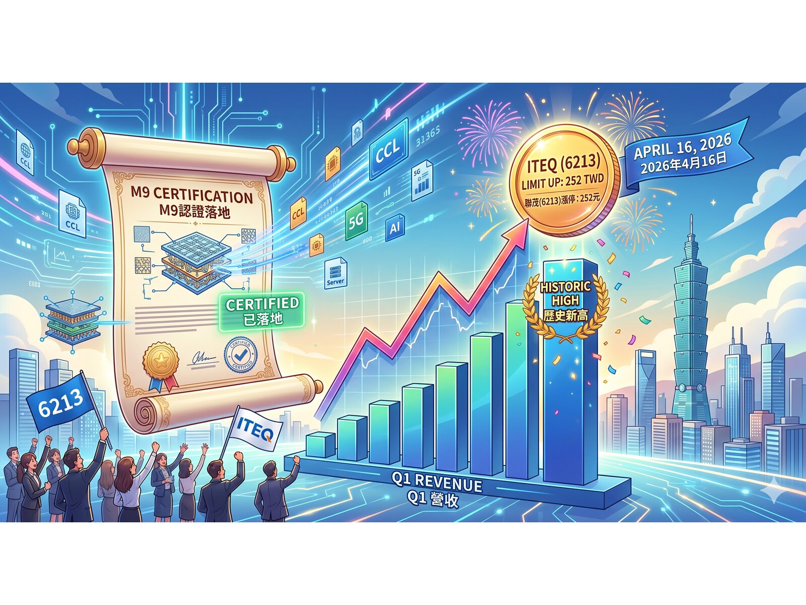 【追蹤報導】Q1 營收創歷史新高 M9 認證落地 聯茂(6213)漲停252元