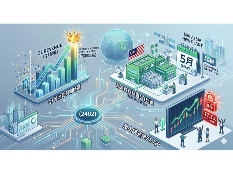 毅嘉(2402)Q1營收創同期新高 馬來西亞新廠5月起跑 盤中鎖漲停77.7元